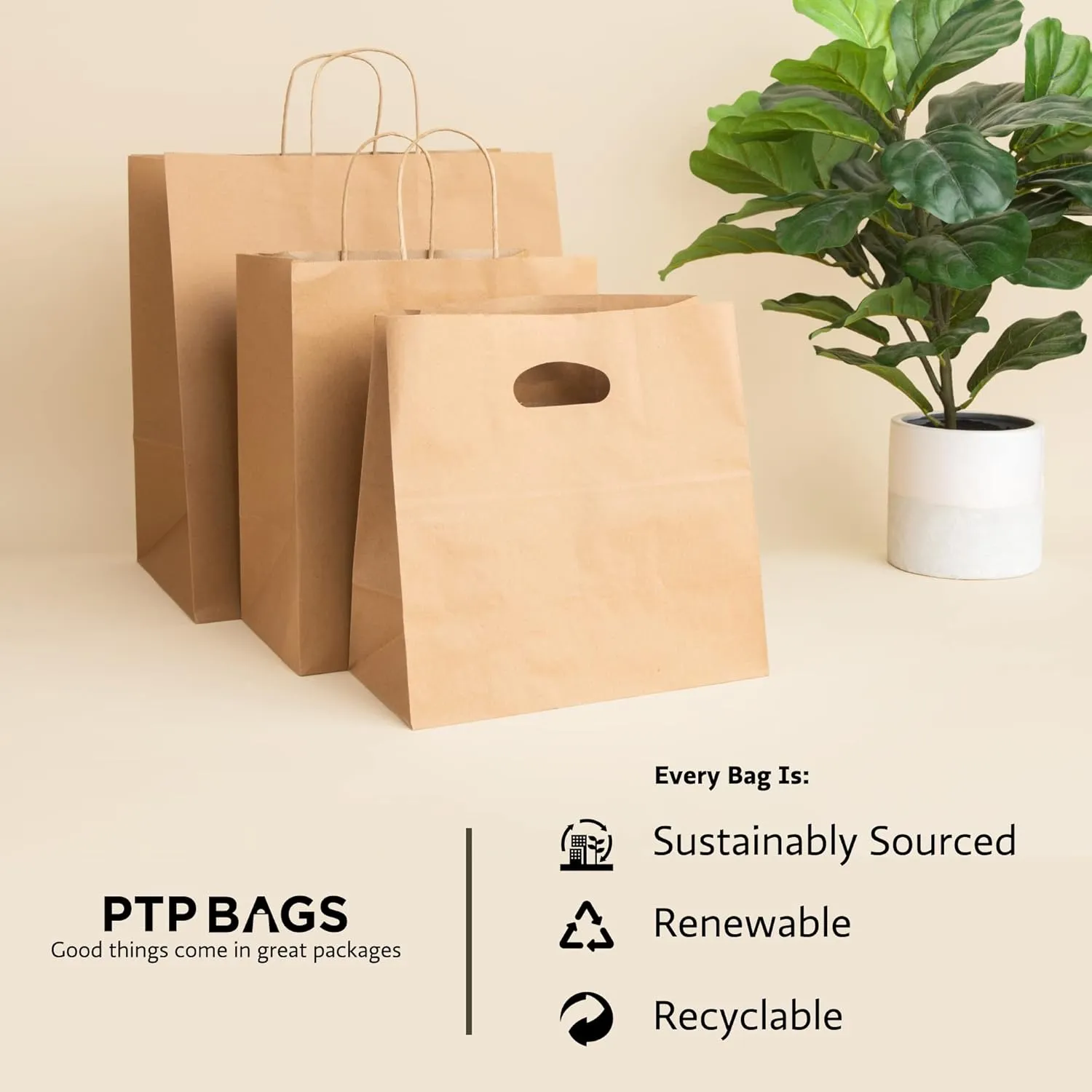PTP BAGS White 5.75" x 3.25" x 13" Tote Bags [Pack of 250] Recyclable Kraft Paper Wine Gift, Bags