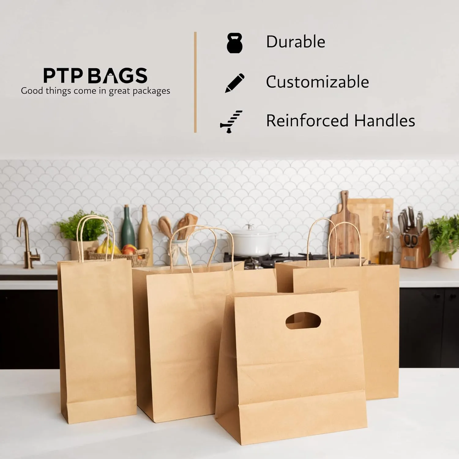 PTP BAGS White 5.75" x 3.25" x 13" Tote Bags [Pack of 250] Recyclable Kraft Paper Wine Gift, Bags