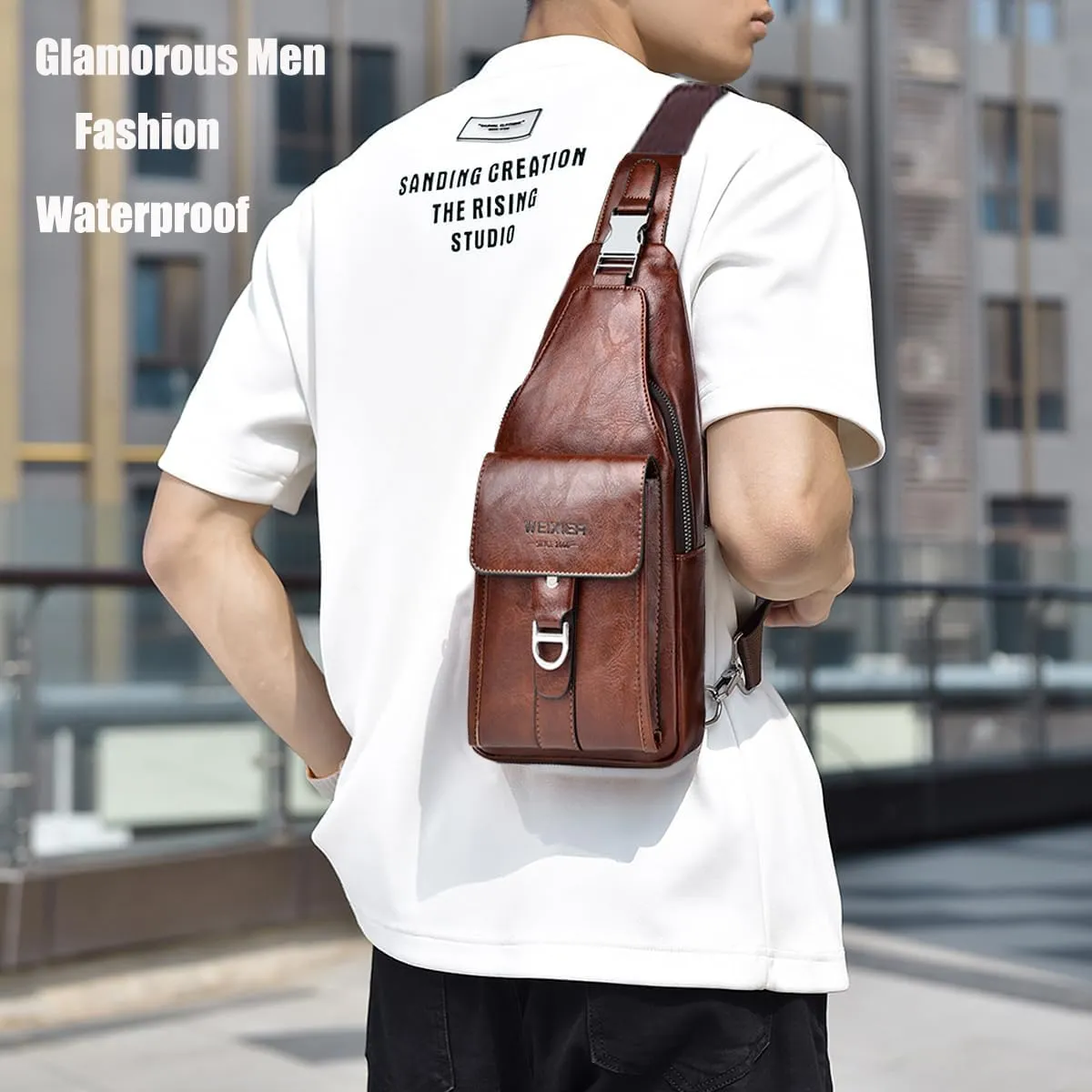 PU Leather Sling Bag for Men - Waterproof, Lightweight, Crossbody Chest Bag for Hiking & Cycling