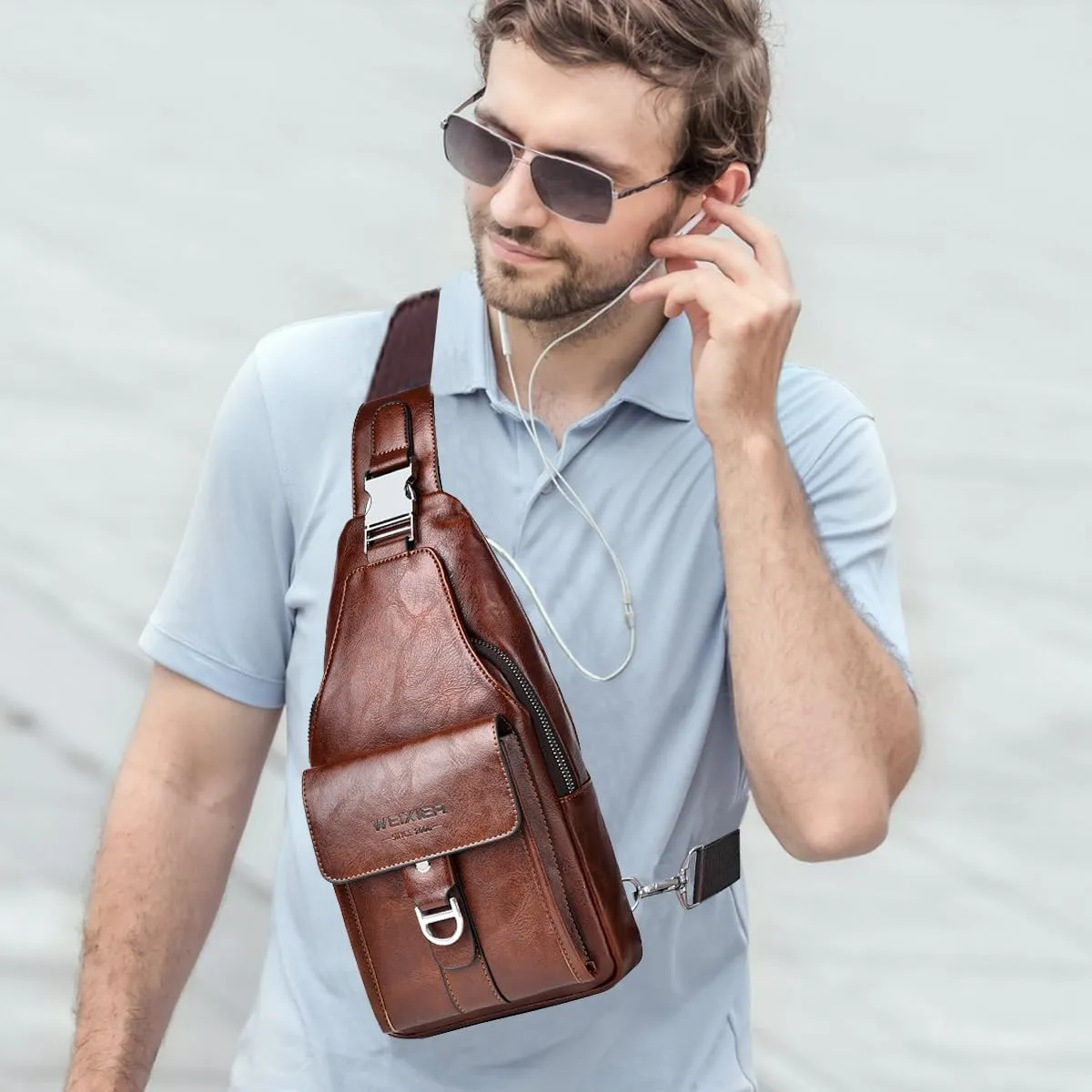PU Leather Sling Bag for Men - Waterproof, Lightweight, Crossbody Chest Bag for Hiking & Cycling