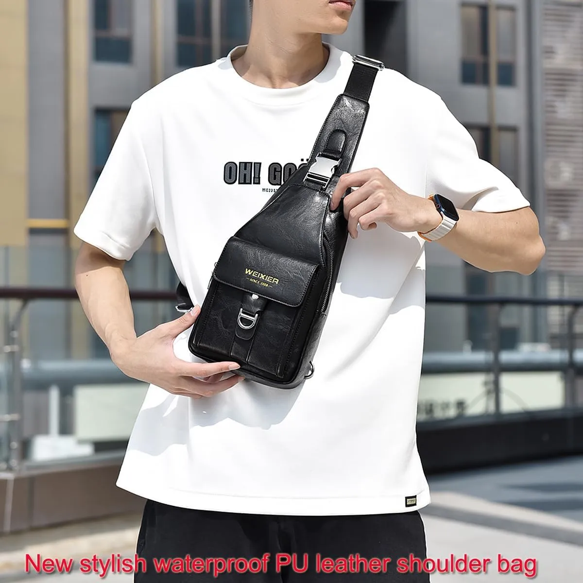PU Leather Sling Bag for Men - Waterproof, Lightweight, Crossbody Chest Bag for Hiking & Cycling