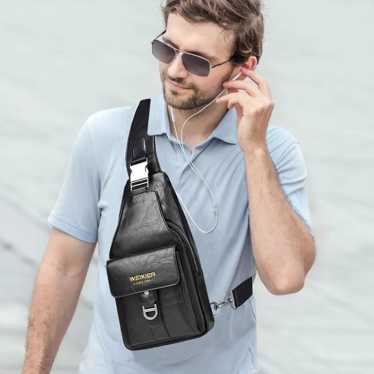 PU Leather Sling Bag for Men - Waterproof, Lightweight, Crossbody Chest Bag for Hiking & Cycling