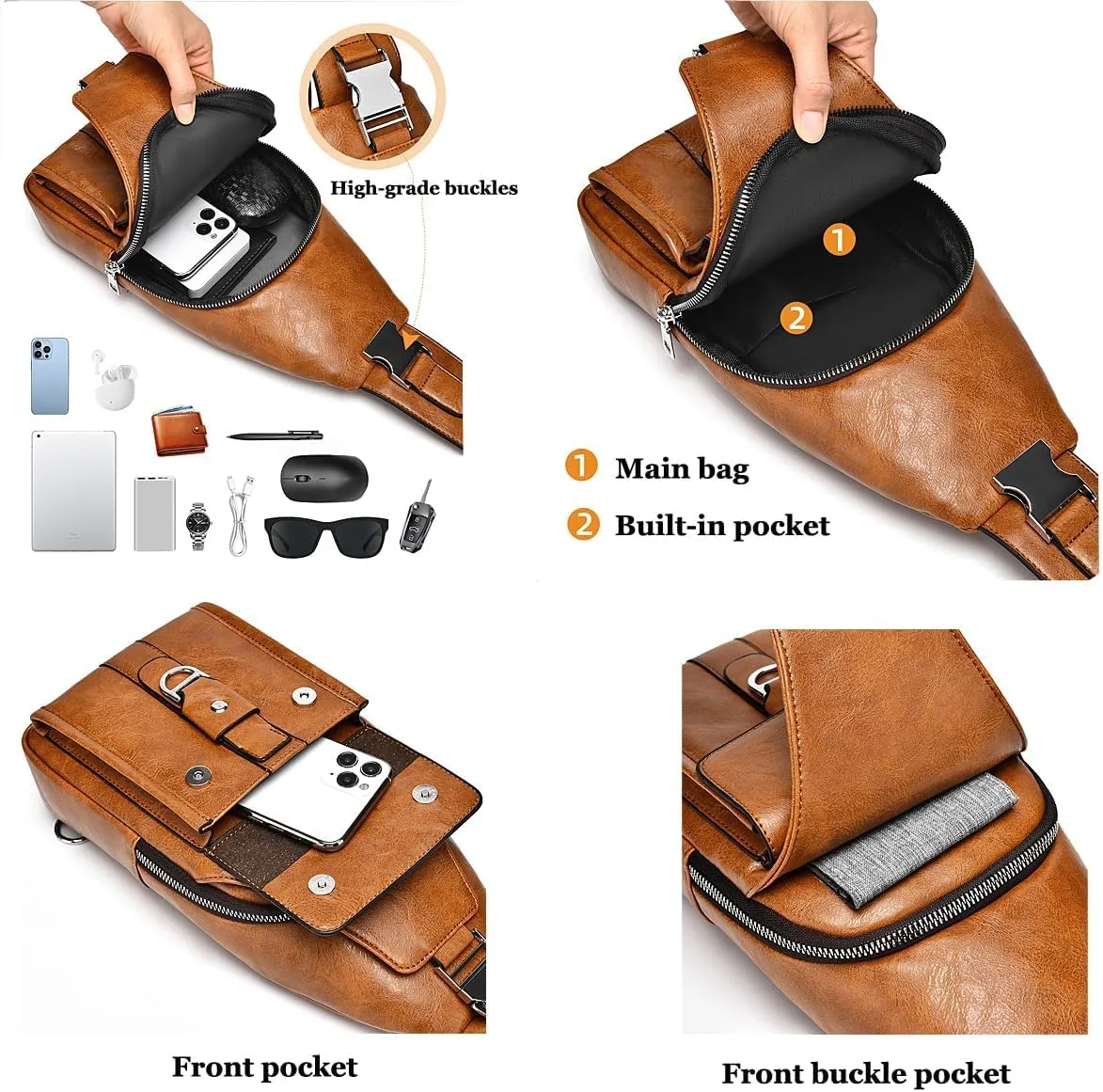 PU Leather Sling Bag for Men - Waterproof, Lightweight, Crossbody Chest Bag for Hiking & Cycling