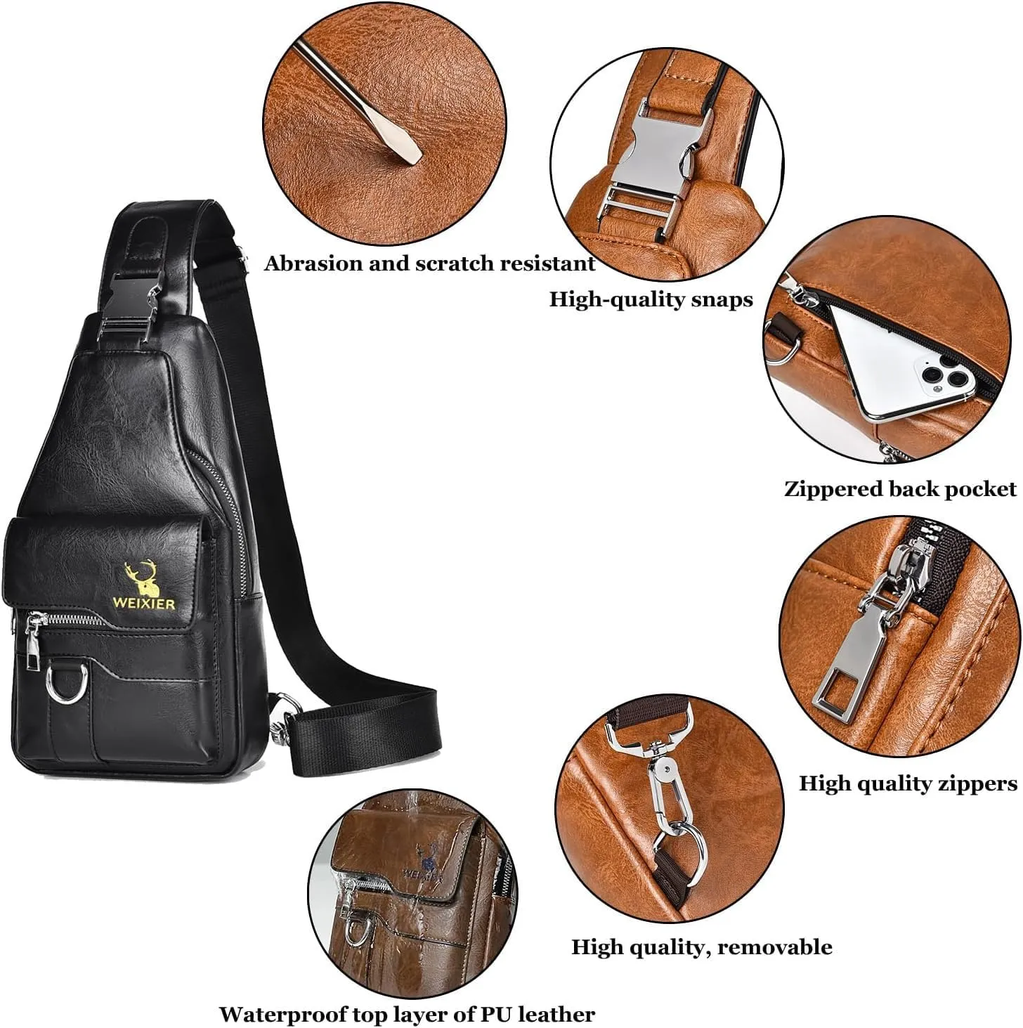 PU Leather Sling Bag for Men - Waterproof, Lightweight, Crossbody Chest Bag for Hiking & Cycling
