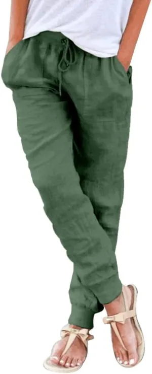 Puimentiua Womens Tapered Pants Cotton Linen Drawstring Back Elastic Waist Pants Casual Trousers with Pockets