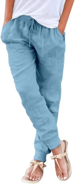 Puimentiua Womens Tapered Pants Cotton Linen Drawstring Back Elastic Waist Pants Casual Trousers with Pockets
