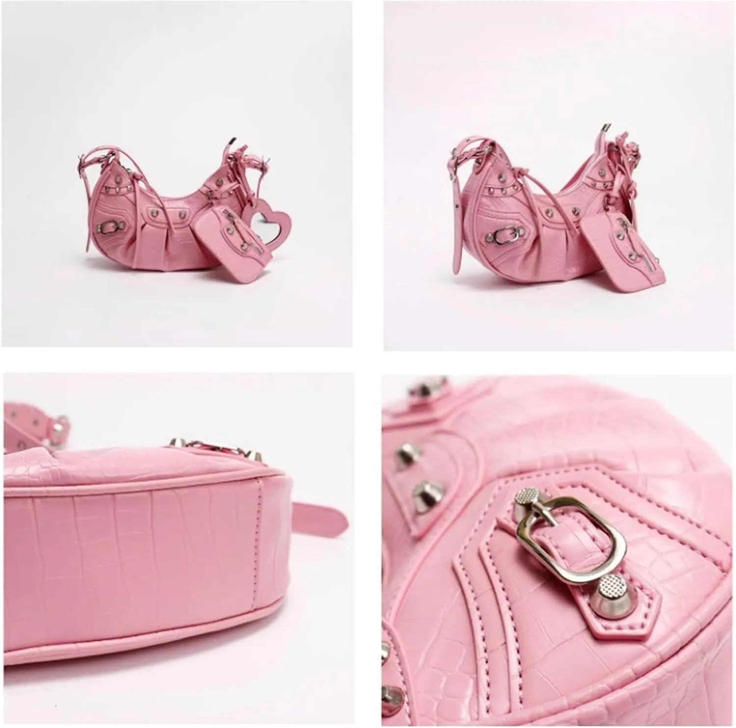 Punk Shoulder Messenger Bag, Small Cute Half-Moon Bag Y2K Purse for women Crossbody Purse with Heart Mirror