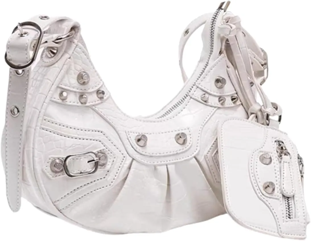 Punk Shoulder Messenger Bag, Small Cute Half-Moon Bag Y2K Purse for women Crossbody Purse with Heart Mirror