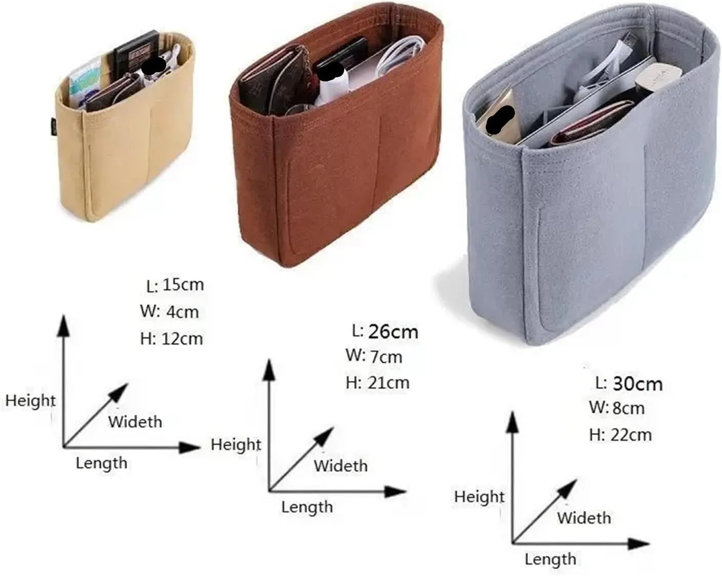 Purse Organizer Insert, Felt Makeup Inner Felt Bag Organizer With Zipper Women's Luxury Handbag Tote Shaper(Color-03,30x22x8cm)