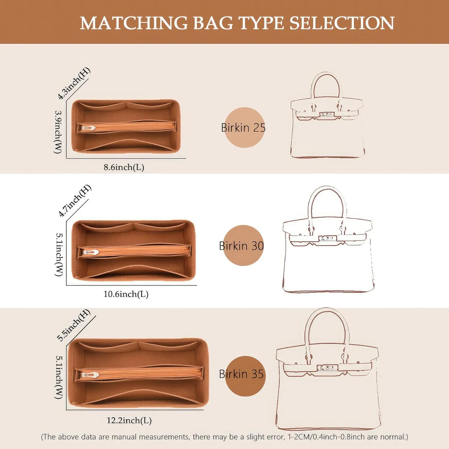 Purse Organizer Insert For Birkin 30 Bag, Felt Insert Organizer With Zipper, Large Capacity,Women’s Handbags Shaper (30,Orange)