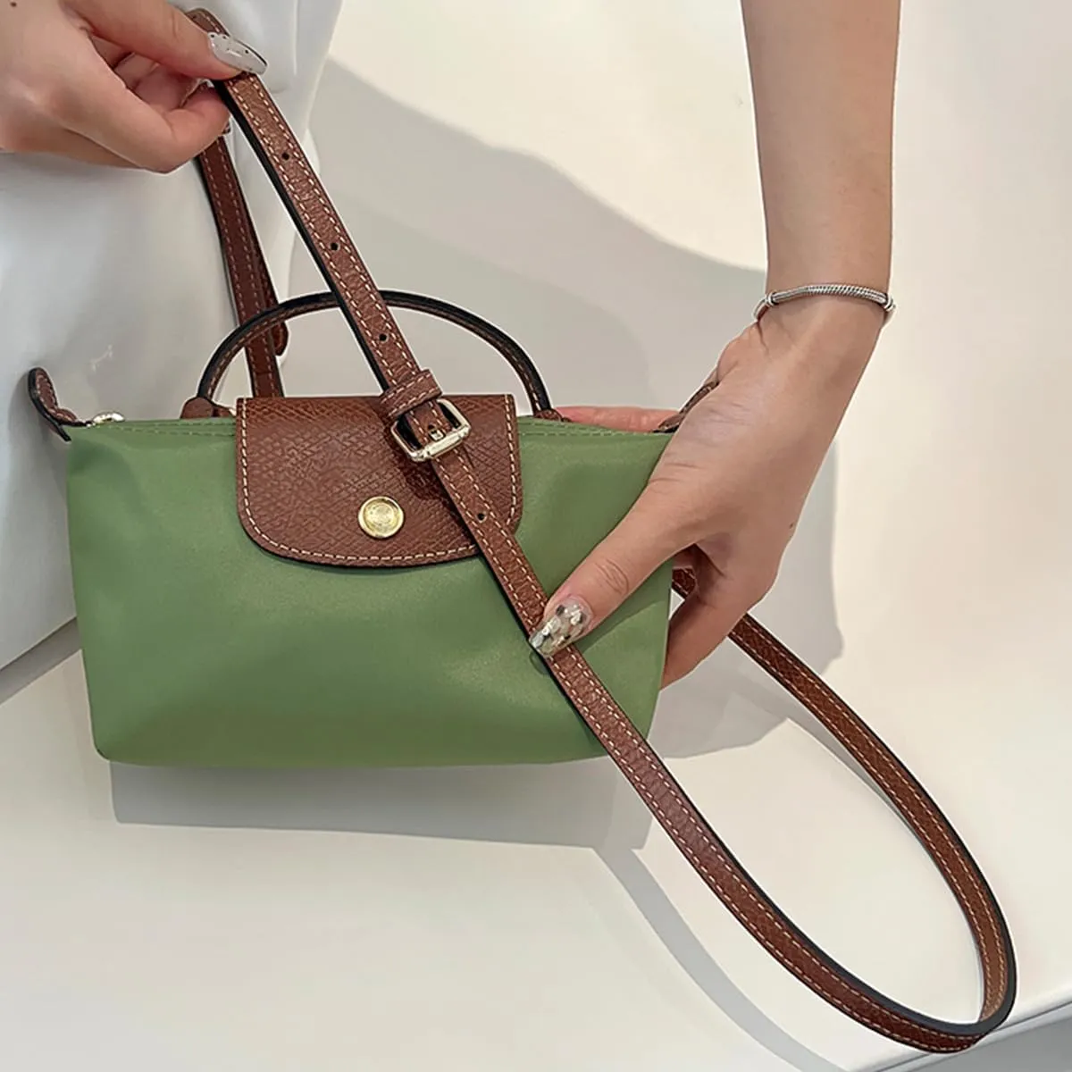 Purse Strap accessories Crossbody Conversion Kit for Handbag,Genuine Leather Shoulder Straps Replacement Adjustable for le pliage mini bag (Brown-G)