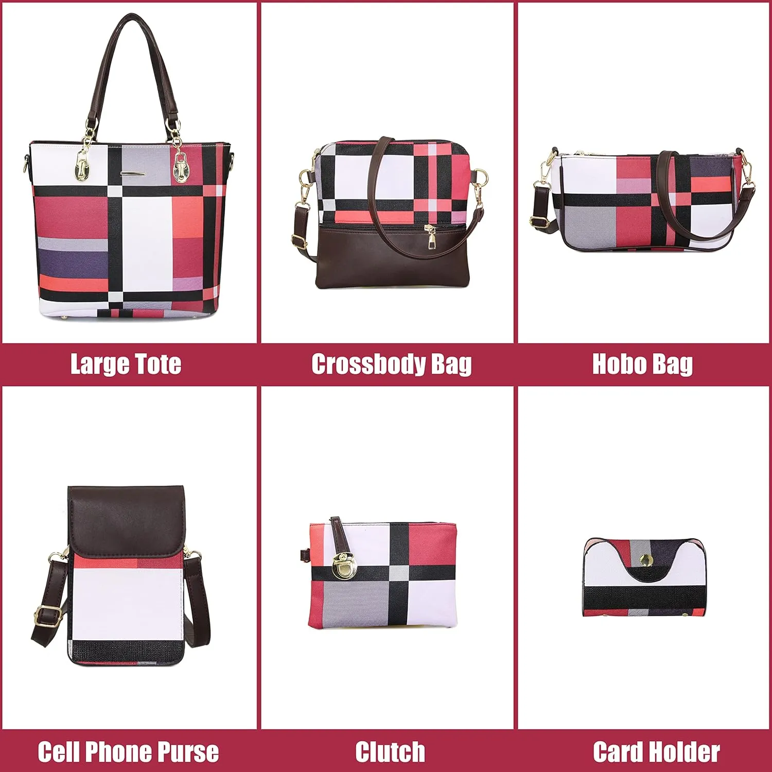Purses and Handbags for Women Synthetic Leather Tote Crossbody Bags Satchel Purses Set 6pcs