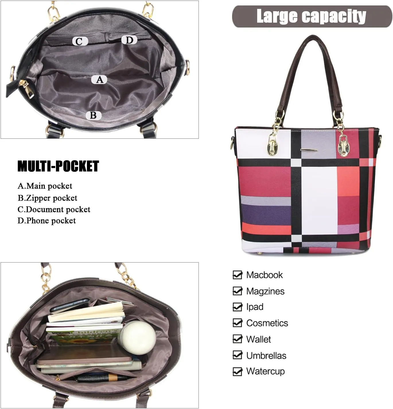 Purses and Handbags for Women Synthetic Leather Tote Crossbody Bags Satchel Purses Set 6pcs