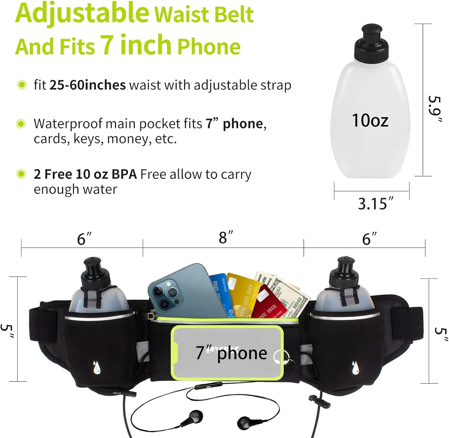 PYFK Upgraded Running Belt with Water Bottles, Hydration Belt for Men and Women, Water Bottle Holder Running Pouch Belt, Fanny Pack Fits 7 inches Phones, Waist pack for Running Hiking Climbing