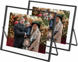 Qiannhee 8x10 Floating Frame (Horizontal), Black Picture Frame Hold 8x10in 6x8in 5x7in Photo for Tabletop Display, Gift Choice for Festival-Glass Metal Stand Frame (Black, 2 Pack)