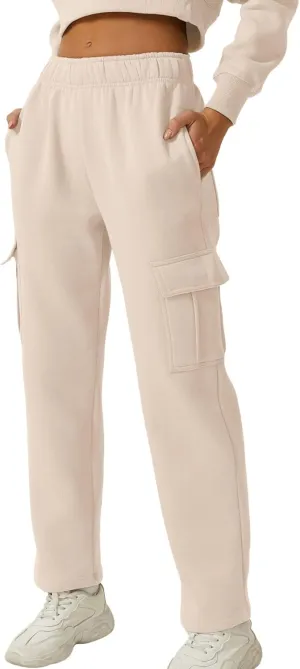 QINSEN Womens Medium Waist Baggy Elastic Waist Sweatpants Casual Fleece Long Pants with Pockets