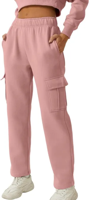 QINSEN Womens Medium Waist Baggy Elastic Waist Sweatpants Casual Fleece Long Pants with Pockets