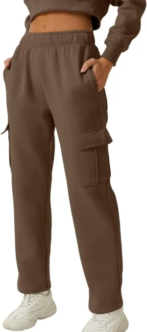 QINSEN Womens Medium Waist Baggy Elastic Waist Sweatpants Casual Fleece Long Pants with Pockets