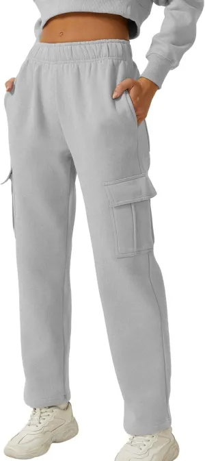 QINSEN Womens Medium Waist Baggy Elastic Waist Sweatpants Casual Fleece Long Pants with Pockets