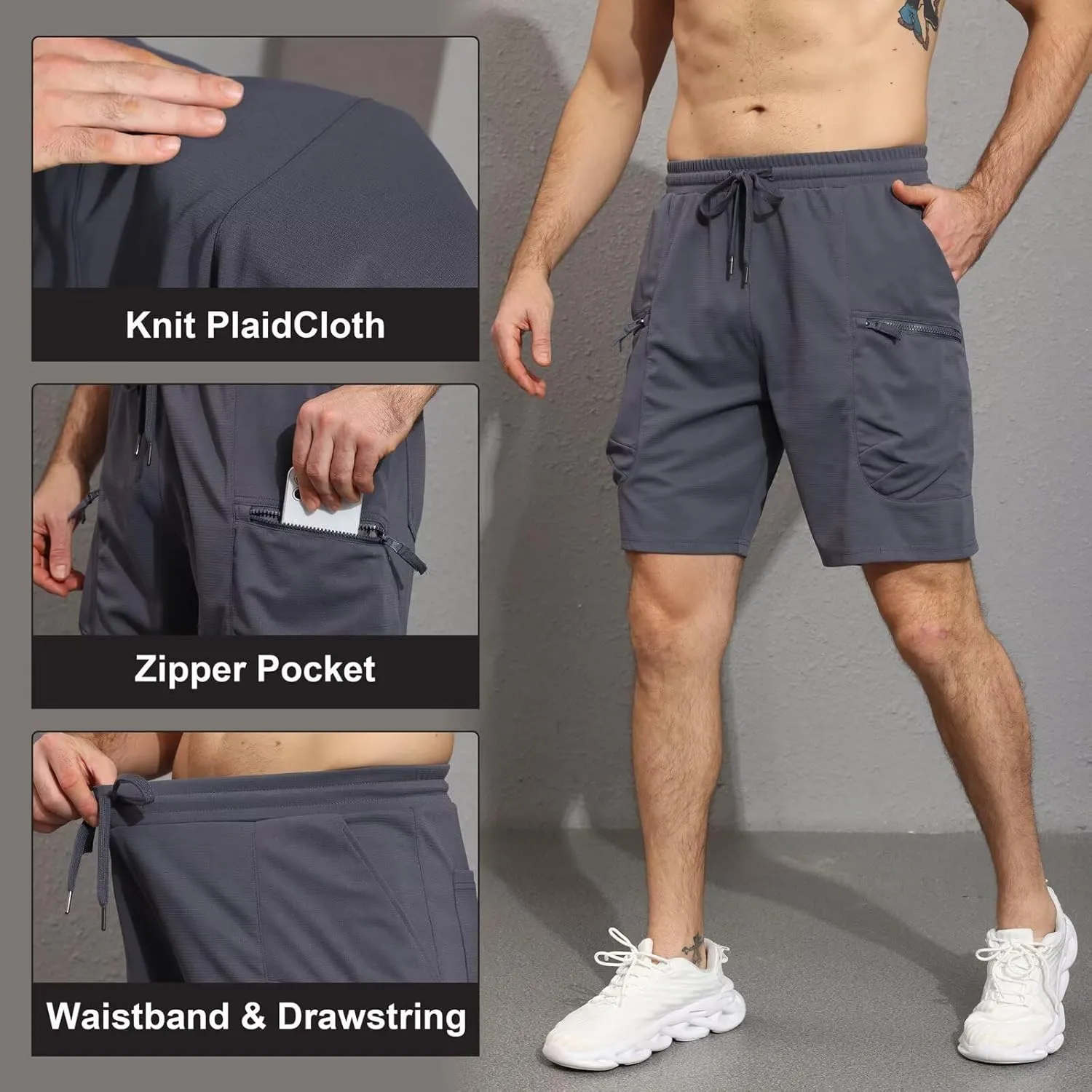 QPNGRP Men's Knit PlaidCloth 8" Inseam Elastic Waist Zipper Cargo Shorts