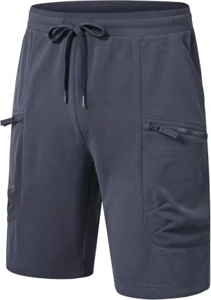 QPNGRP Men's Knit PlaidCloth 8" Inseam Elastic Waist Zipper Cargo Shorts