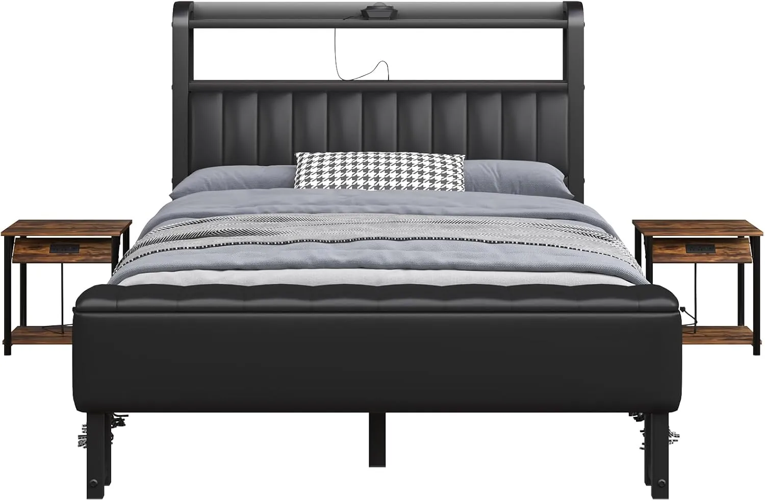Queen Metal Bed with Star Projector & Charging Station, Upholstered Bed frame with PU Leather Headboard, Heavy Duty Beds with Storage Ottoman, Metal Support, Noise-Free, No Box Spring Needed, Black