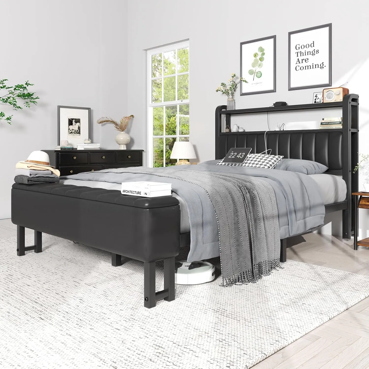 Queen Metal Bed with Star Projector & Charging Station, Upholstered Bed frame with PU Leather Headboard, Heavy Duty Beds with Storage Ottoman, Metal Support, Noise-Free, No Box Spring Needed, Black