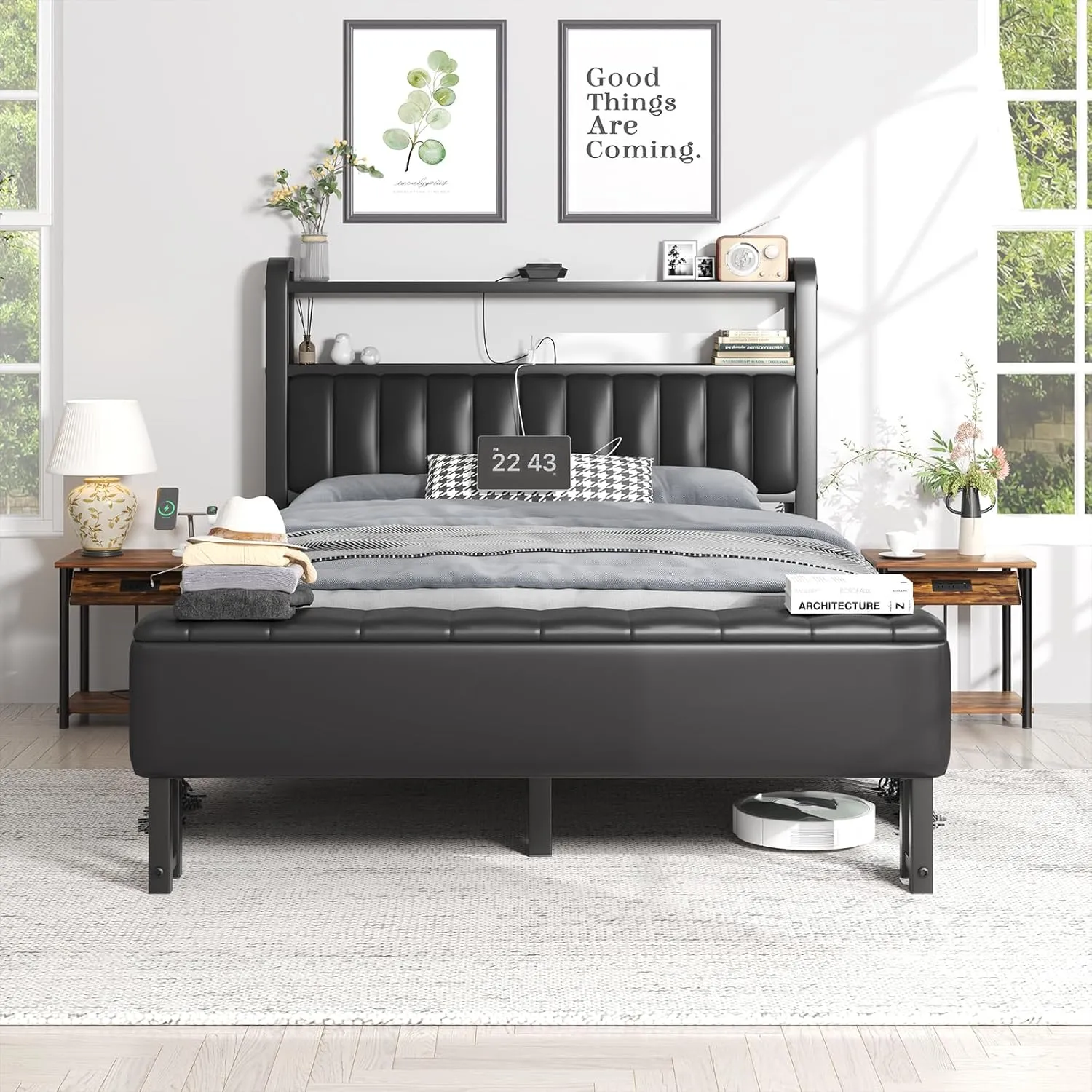Queen Metal Bed with Star Projector & Charging Station, Upholstered Bed frame with PU Leather Headboard, Heavy Duty Beds with Storage Ottoman, Metal Support, Noise-Free, No Box Spring Needed, Black