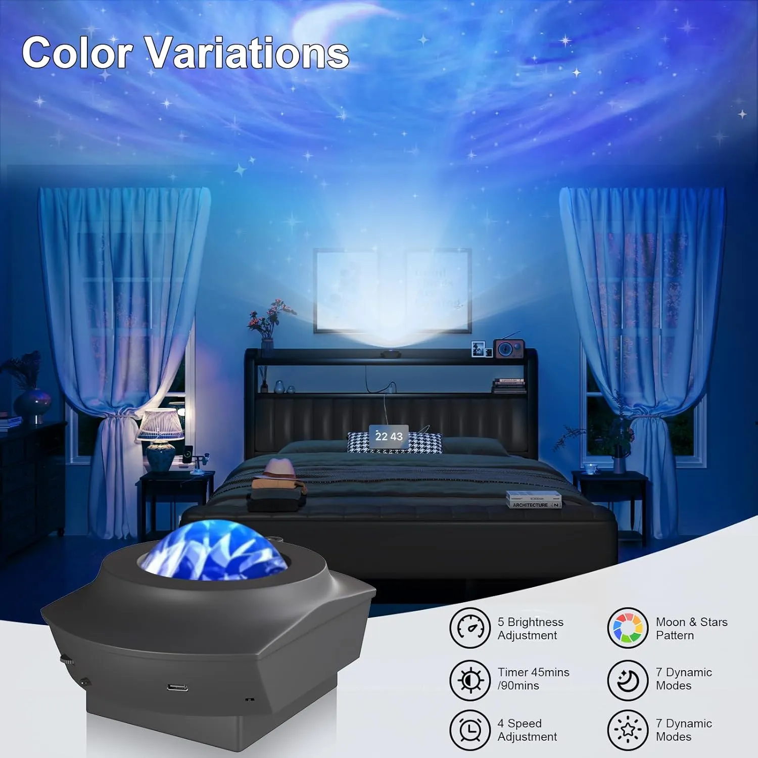 Queen Metal Bed with Star Projector & Charging Station, Upholstered Bed frame with PU Leather Headboard, Heavy Duty Beds with Storage Ottoman, Metal Support, Noise-Free, No Box Spring Needed, Black