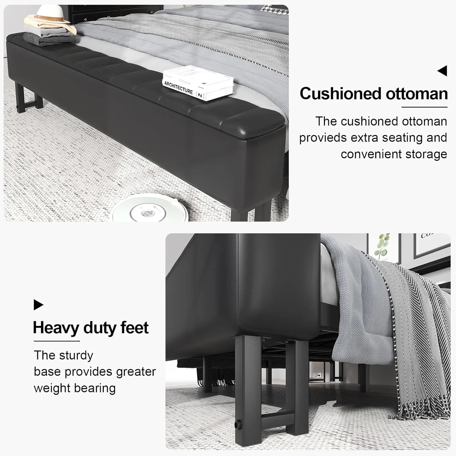 Queen Metal Bed with Star Projector & Charging Station, Upholstered Bed frame with PU Leather Headboard, Heavy Duty Beds with Storage Ottoman, Metal Support, Noise-Free, No Box Spring Needed, Black