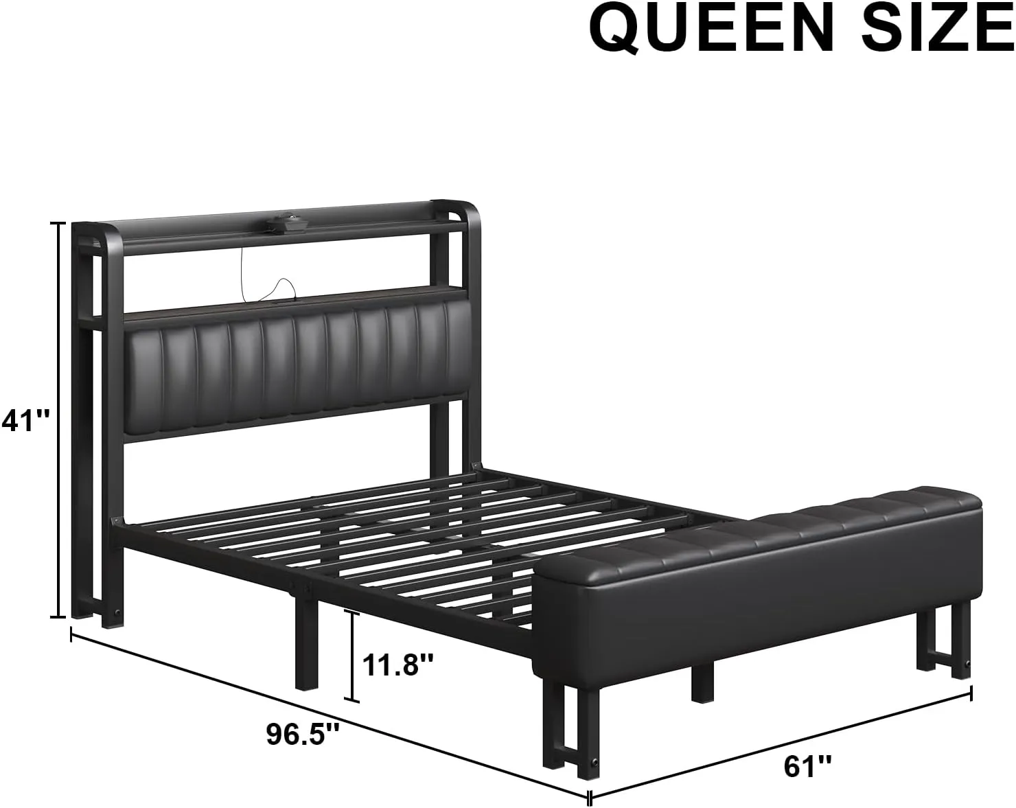 Queen Metal Bed with Star Projector & Charging Station, Upholstered Bed frame with PU Leather Headboard, Heavy Duty Beds with Storage Ottoman, Metal Support, Noise-Free, No Box Spring Needed, Black