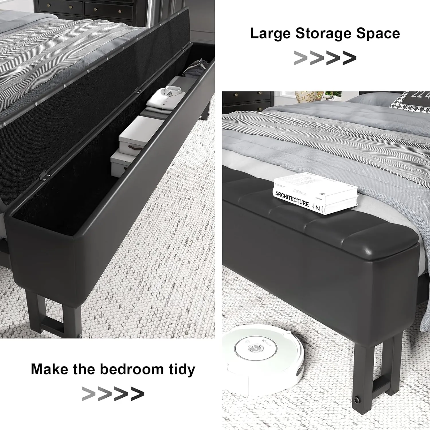 Queen Metal Bed with Star Projector & Charging Station, Upholstered Bed frame with PU Leather Headboard, Heavy Duty Beds with Storage Ottoman, Metal Support, Noise-Free, No Box Spring Needed, Black