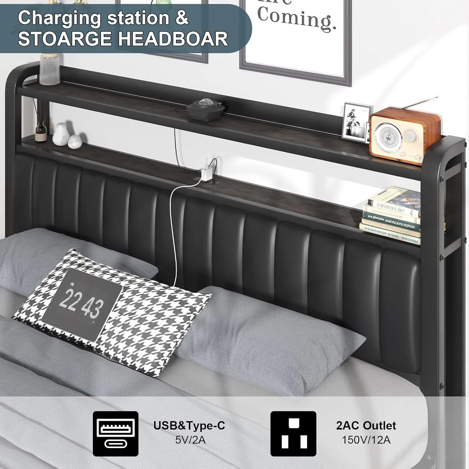 Queen Metal Bed with Star Projector & Charging Station, Upholstered Bed frame with PU Leather Headboard, Heavy Duty Beds with Storage Ottoman, Metal Support, Noise-Free, No Box Spring Needed, Black