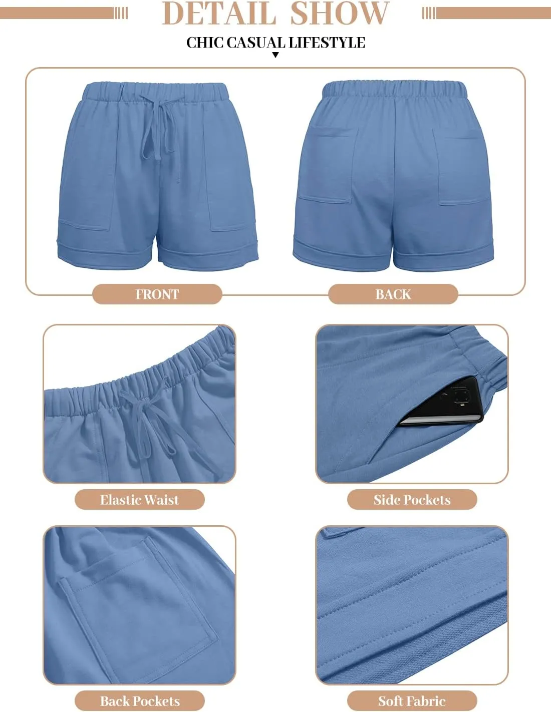 QUEEN PLUS Womens Casual Shorts Comfy Elastic Waist Drawstring Pocket Shorts Pants
