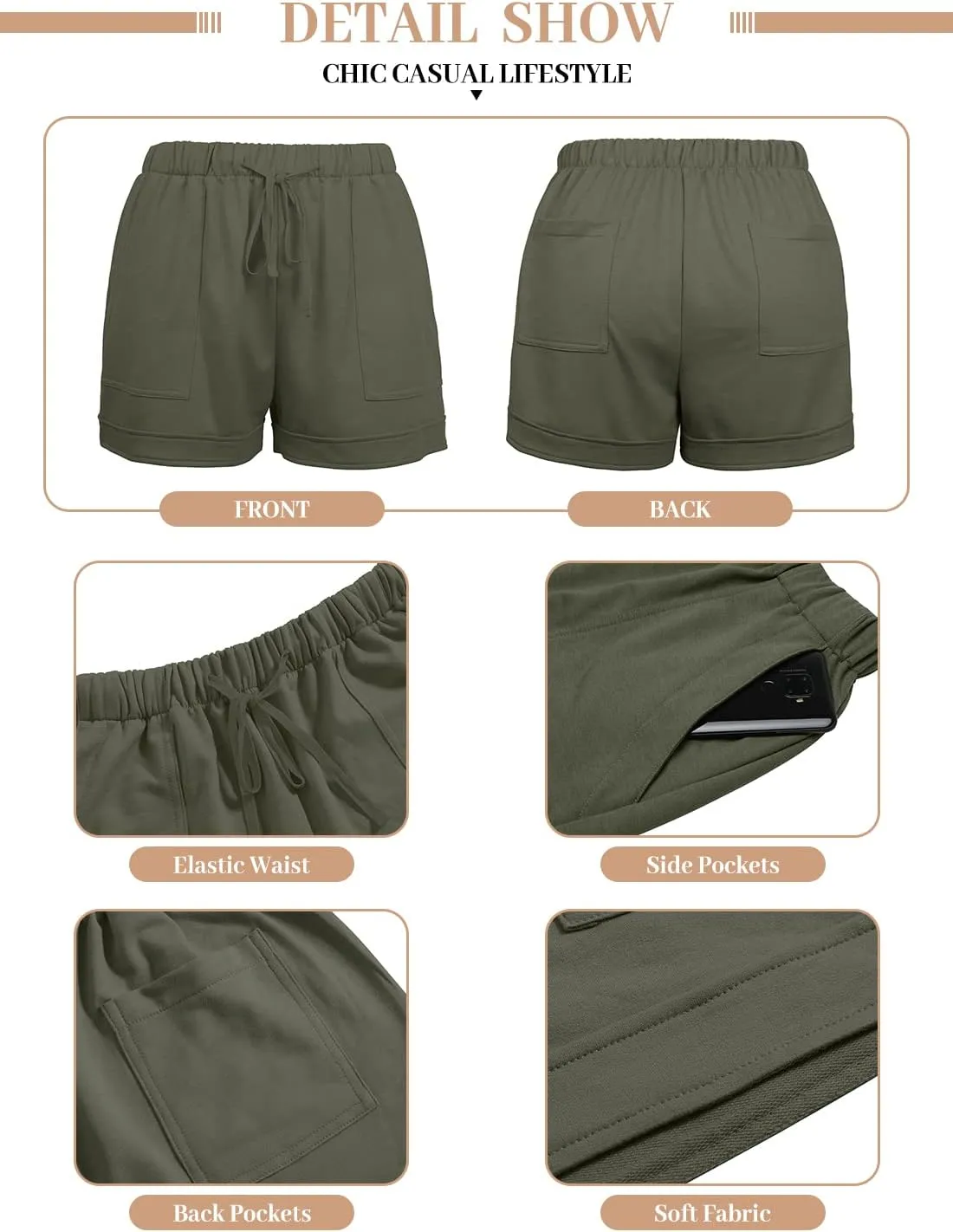 QUEEN PLUS Womens Casual Shorts Comfy Elastic Waist Drawstring Pocket Shorts Pants
