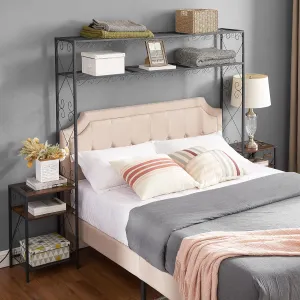 Queen Size Bed Frame with 2 Nightstands & Storage Headboard, Overbed Bookcase Platform Shelves for Bedroom