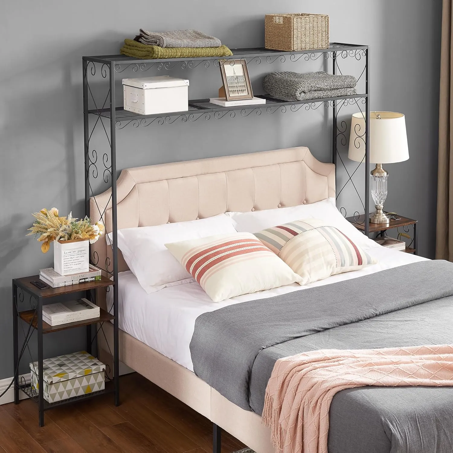 Queen Size Bed Frame with 2 Nightstands & Storage Headboard, Overbed Bookcase Platform Shelves for Bedroom