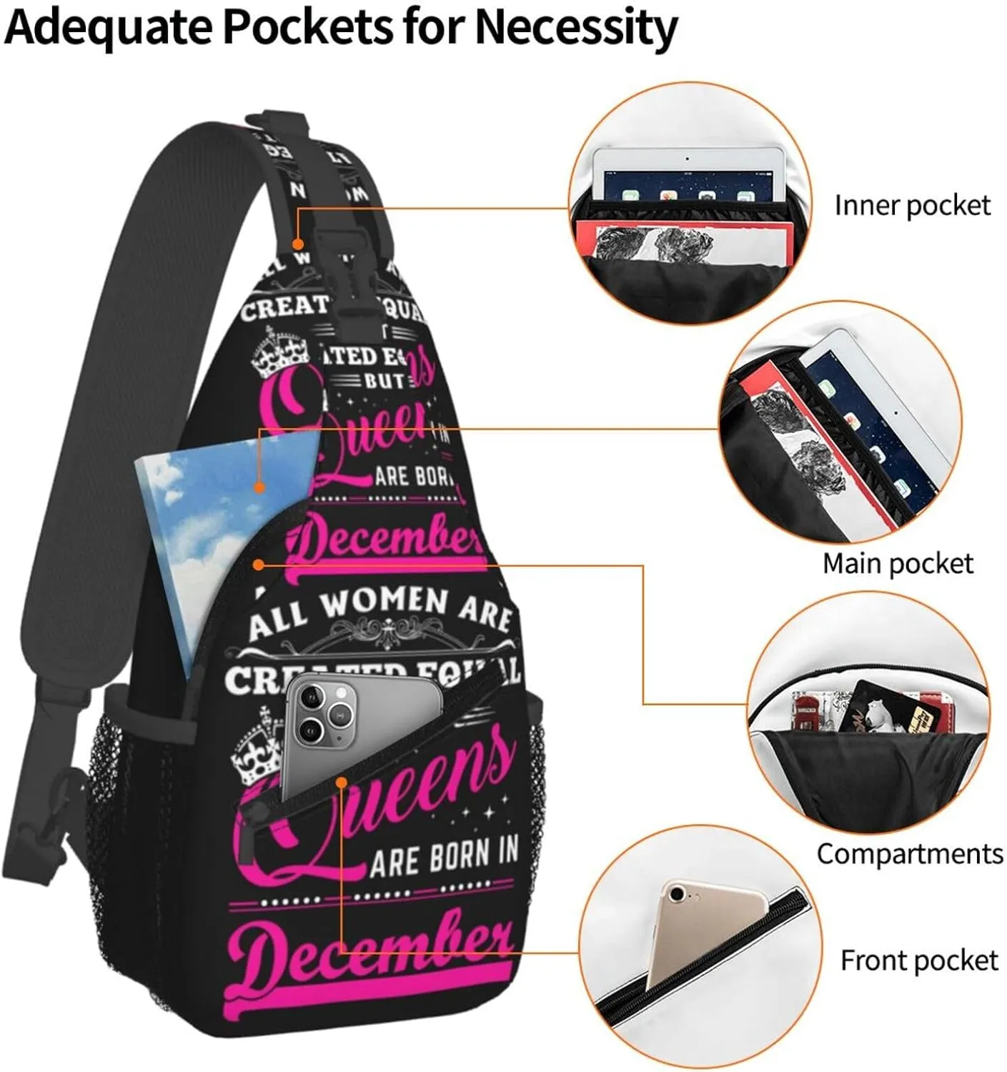 Queens Are Born In December Crossbody Bag Cross Chest Bag Adjustable Sling Backpack Sports Gym Shoulder Bags Travel Cycling Daypack Diagonally Casual Rucksack