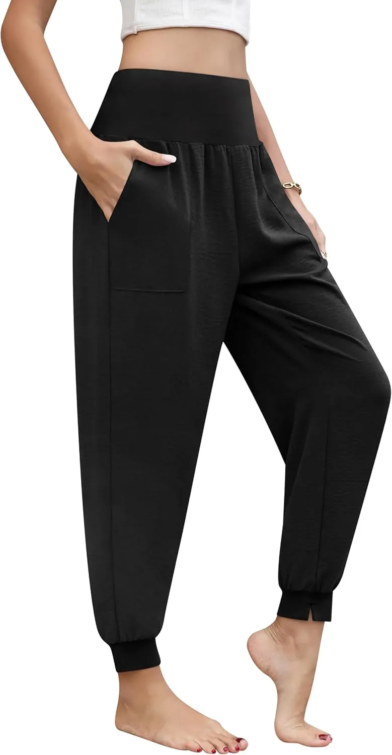 QUEZHU Women High Waist Joggers Palazzo Pants Fall Elastic Waist Casual Lounge Pants with Pockets