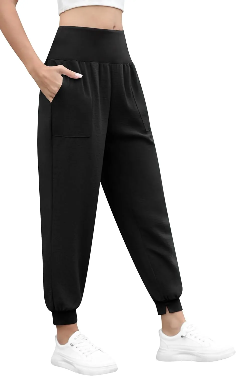 QUEZHU Women High Waist Joggers Palazzo Pants Fall Elastic Waist Casual Lounge Pants with Pockets