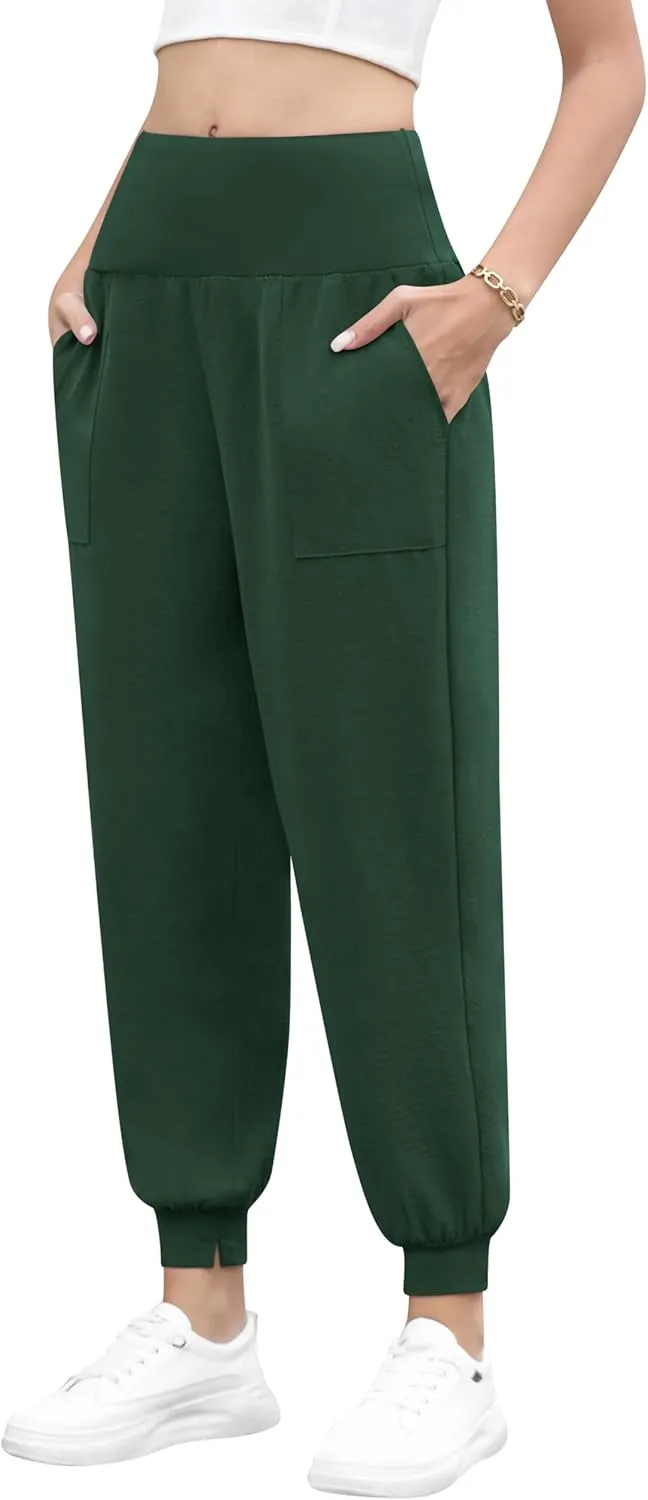 QUEZHU Women High Waist Joggers Palazzo Pants Fall Elastic Waist Casual Lounge Pants with Pockets