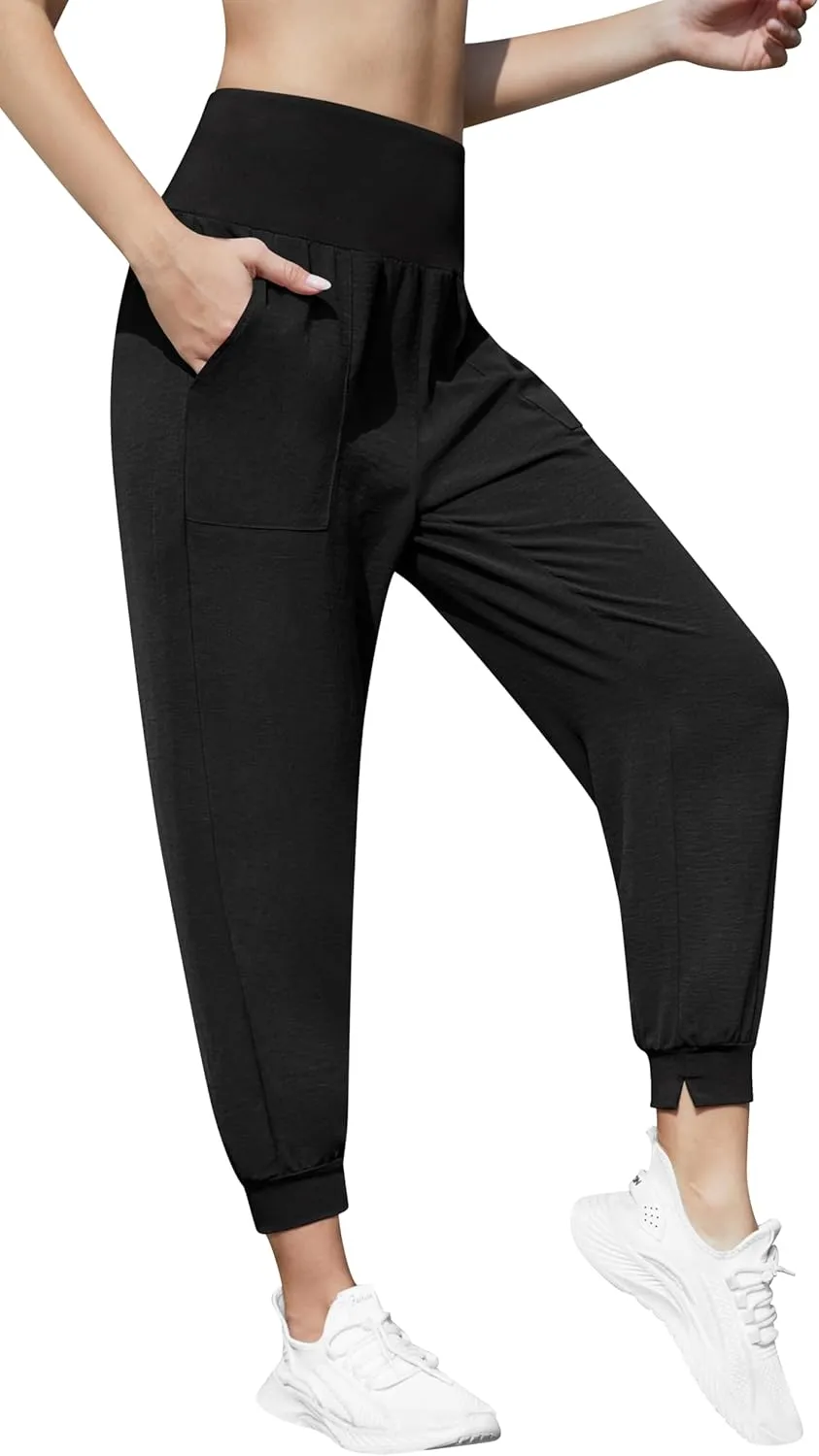 QUEZHU Women High Waist Joggers Palazzo Pants Fall Elastic Waist Casual Lounge Pants with Pockets