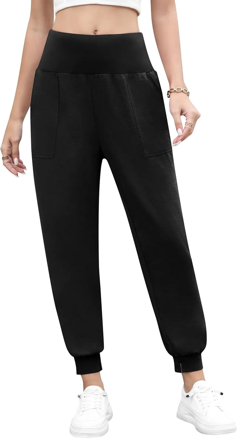 QUEZHU Women High Waist Joggers Palazzo Pants Fall Elastic Waist Casual Lounge Pants with Pockets