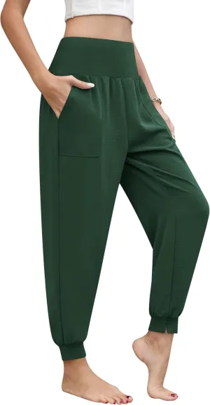 QUEZHU Women High Waist Joggers Palazzo Pants Fall Elastic Waist Casual Lounge Pants with Pockets