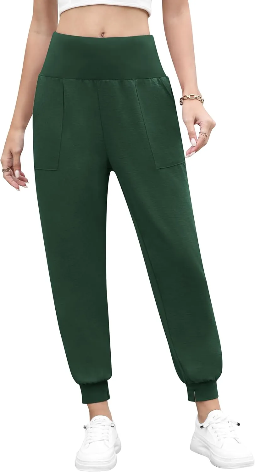 QUEZHU Women High Waist Joggers Palazzo Pants Fall Elastic Waist Casual Lounge Pants with Pockets