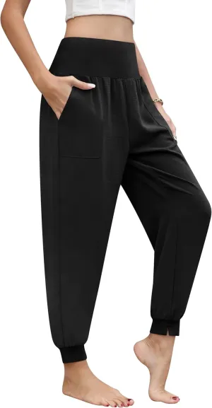 QUEZHU Women High Waist Joggers Palazzo Pants Fall Elastic Waist Casual Lounge Pants with Pockets