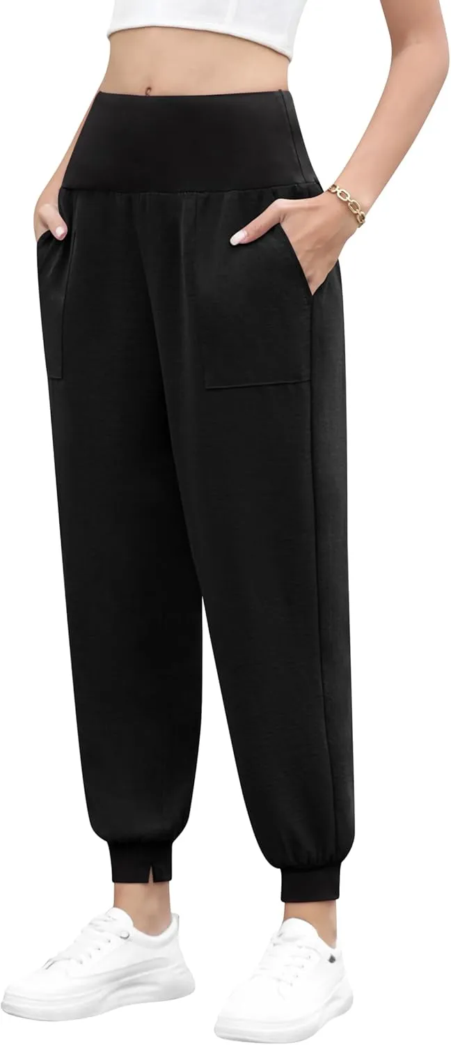 QUEZHU Women High Waist Joggers Palazzo Pants Fall Elastic Waist Casual Lounge Pants with Pockets