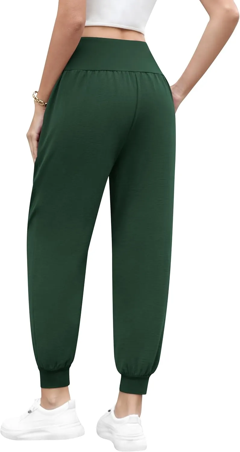 QUEZHU Women High Waist Joggers Palazzo Pants Fall Elastic Waist Casual Lounge Pants with Pockets