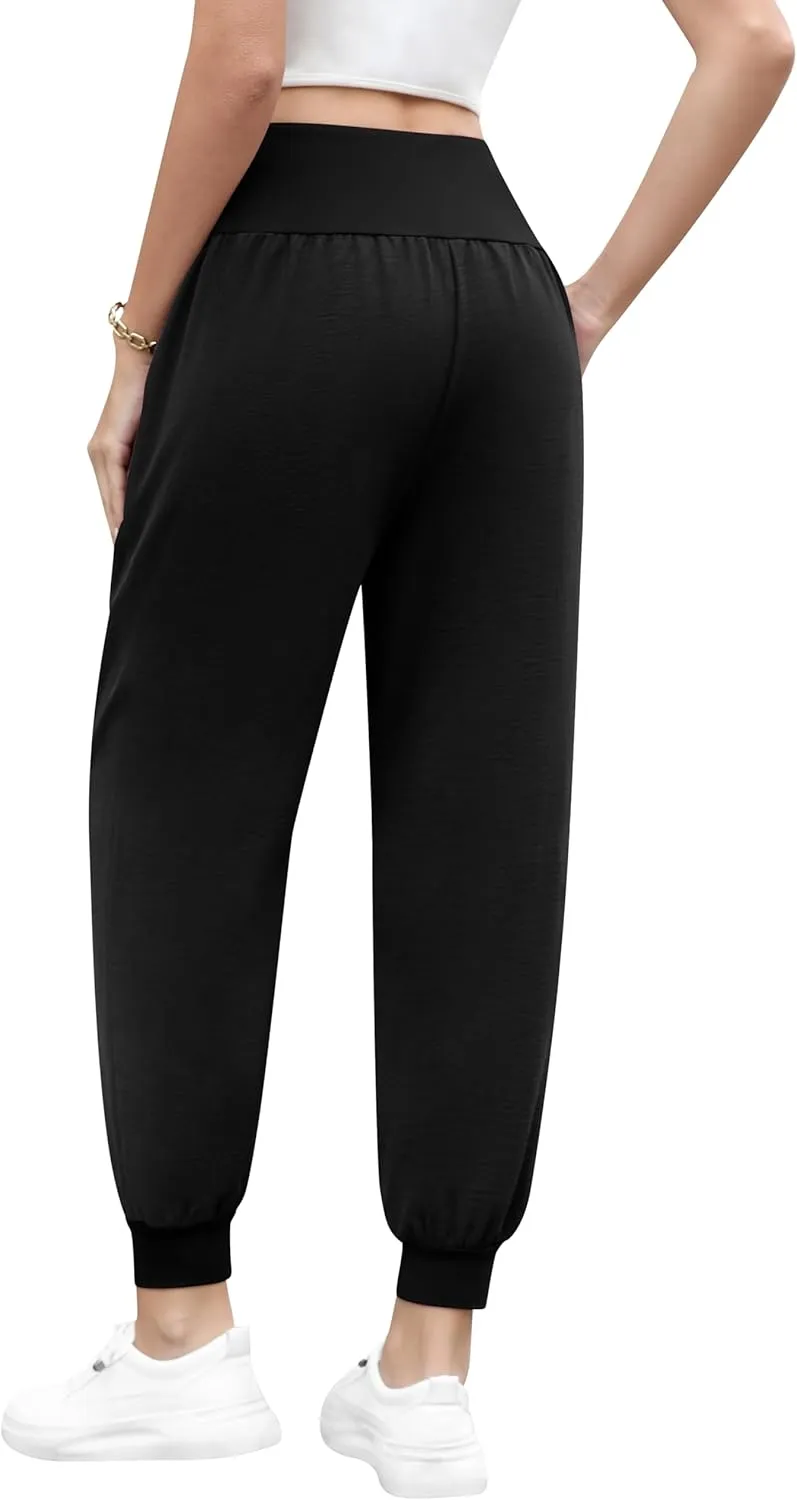 QUEZHU Women High Waist Joggers Palazzo Pants Fall Elastic Waist Casual Lounge Pants with Pockets