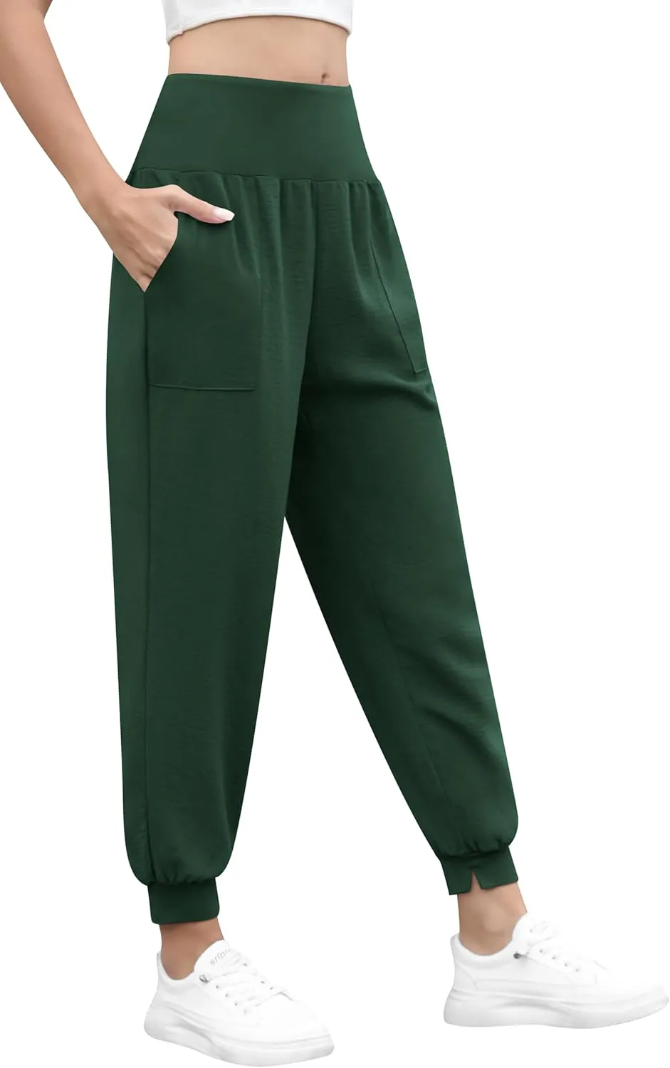 QUEZHU Women High Waist Joggers Palazzo Pants Fall Elastic Waist Casual Lounge Pants with Pockets